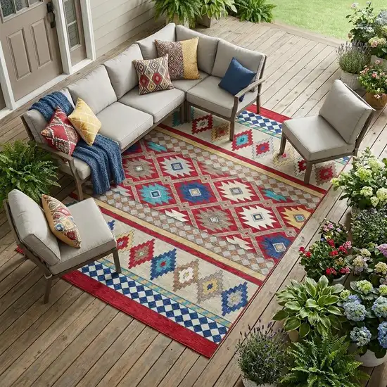 Red And Ivory Southwestern Washable Indoor Outdoor Area Rug Photo 1