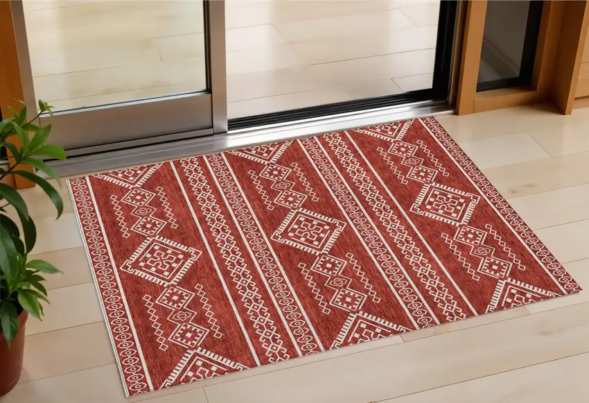 Red And Ivory Southwestern Washable Indoor Outdoor Area Rug Photo 1