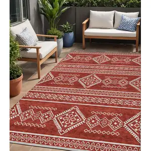 Photo of Red And Ivory Southwestern Washable Indoor Outdoor Area Rug