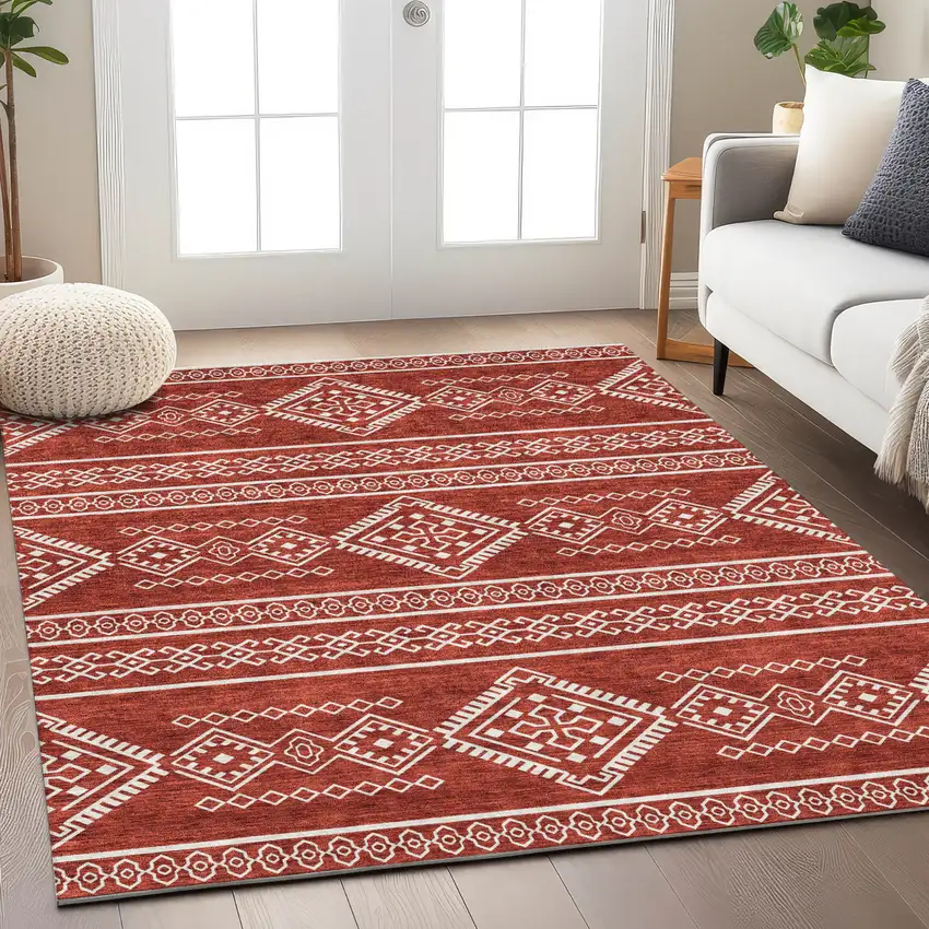 Red And Ivory Southwestern Washable Indoor Outdoor Area Rug Photo 9