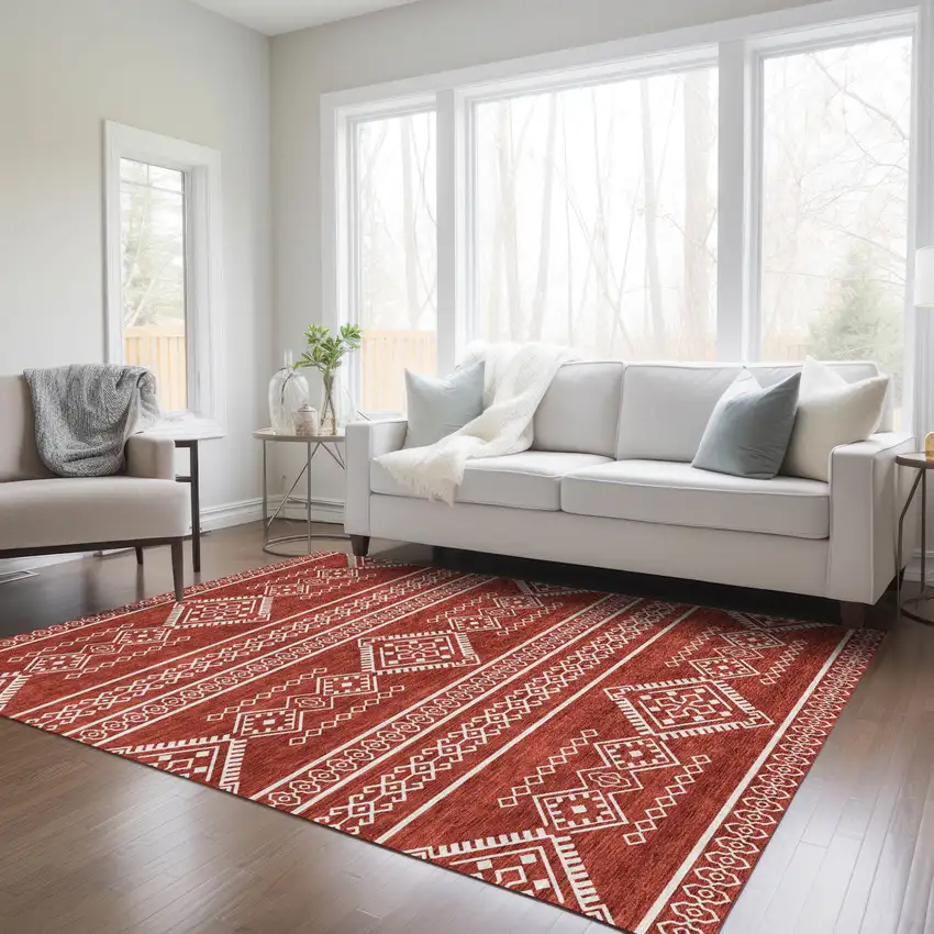 Red And Ivory Southwestern Washable Indoor Outdoor Area Rug Photo 9