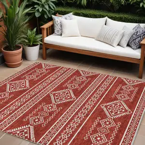 Photo of Red And Ivory Southwestern Washable Indoor Outdoor Area Rug