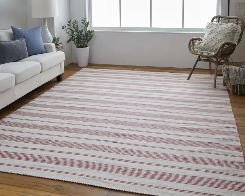 Red and Ivory Striped Hand Woven Area Rug Photo 5