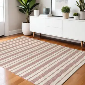 Photo of Red And Ivory Striped Dhurrie Hand Woven Stain Resistant Area Rug