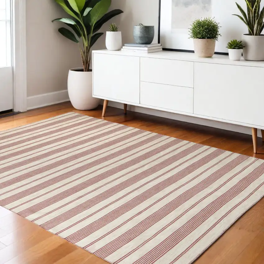 Red and Ivory Striped Hand Woven Area Rug Photo 1