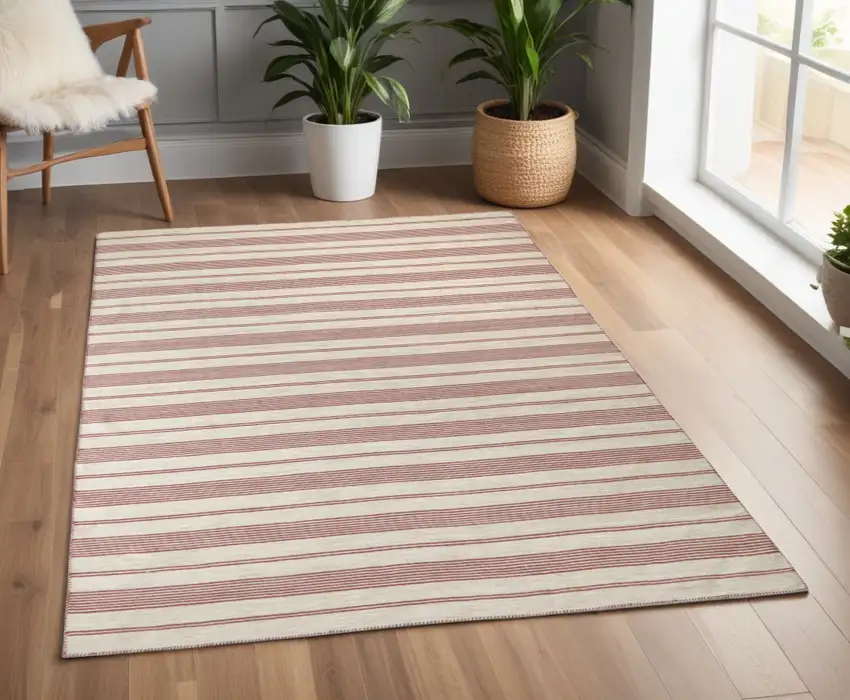 Red and Ivory Striped Hand Woven Area Rug Photo 1