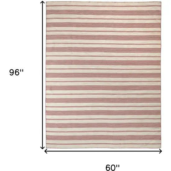 Red And Ivory Striped Dhurrie Hand Woven Stain Resistant Area Rug Photo 3