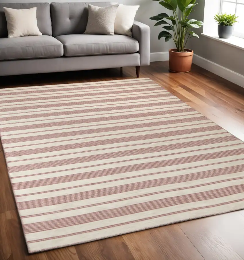 Red And Ivory Striped Dhurrie Hand Woven Stain Resistant Area Rug Photo 1