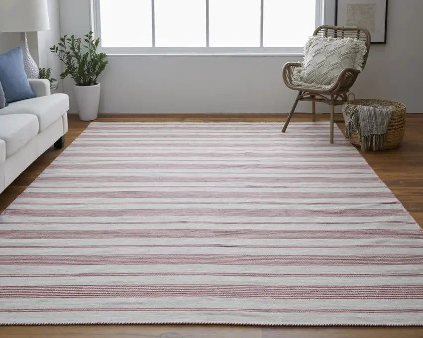 Red And Ivory Striped Dhurrie Hand Woven Stain Resistant Area Rug Photo 6