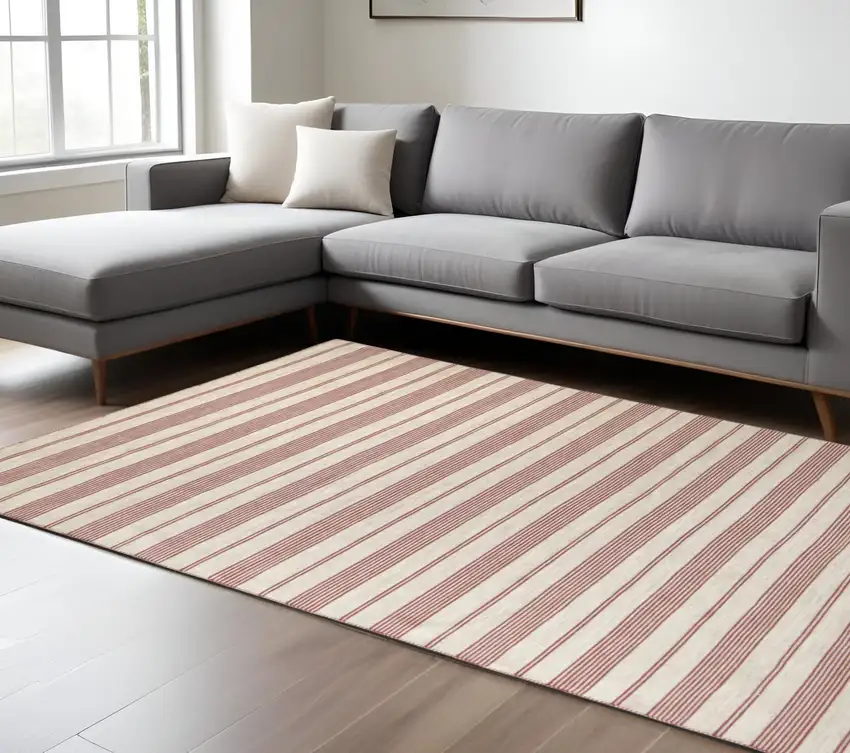 Red and Ivory Striped Hand Woven Area Rug Photo 1