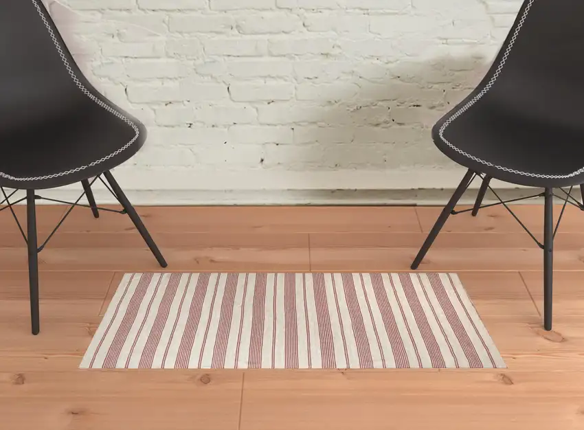 Red And Ivory Striped Dhurrie Hand Woven Stain Resistant Area Rug Photo 2