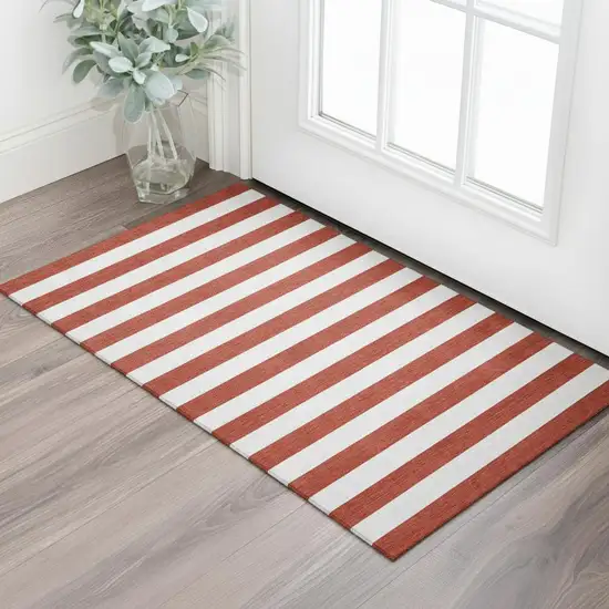 Red And Ivory Striped Washable Area Rug With UV Protection Photo 1