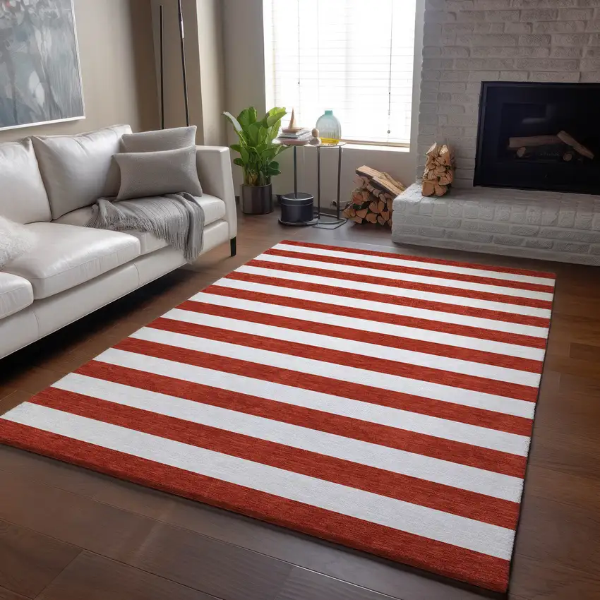 Red And Ivory Striped Washable Area Rug With UV Protection Photo 6