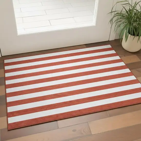 Red And Ivory Striped Washable Area Rug With UV Protection Photo 2