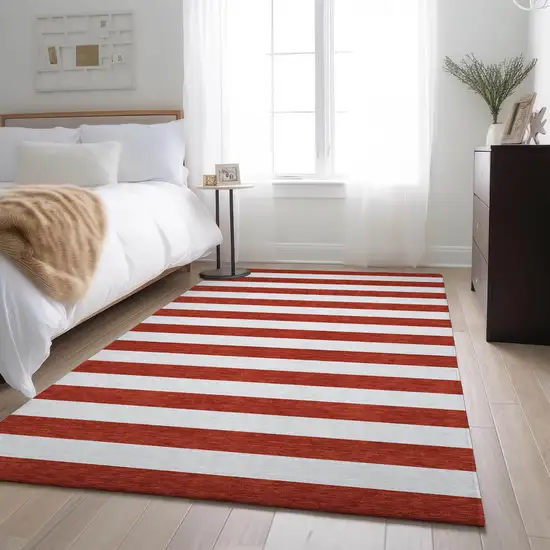 Red And Ivory Striped Washable Area Rug With UV Protection Photo 5