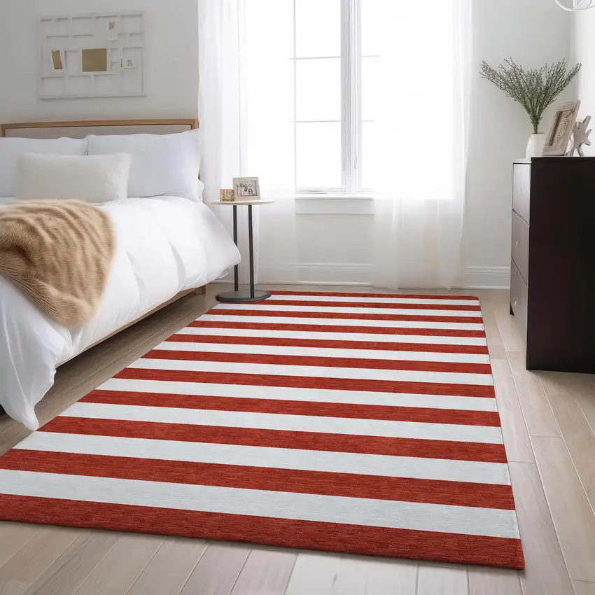 Red And Ivory Striped Washable Area Rug With UV Protection Photo 5