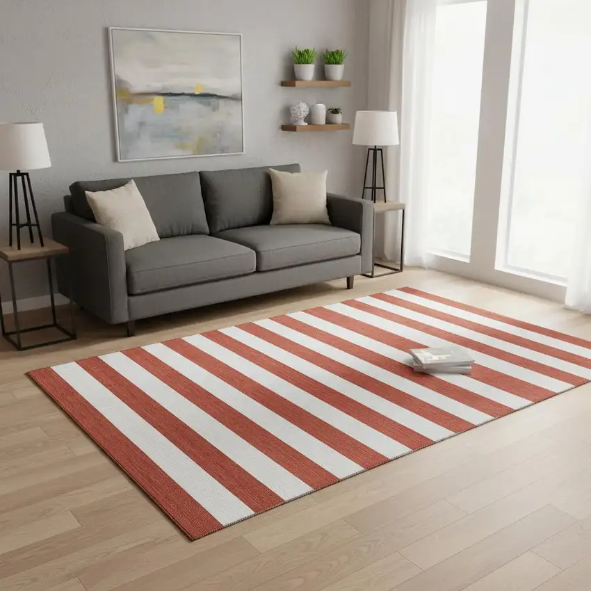 Red And Ivory Striped Washable Area Rug With UV Protection Photo 2