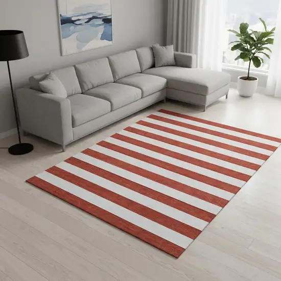Red And Ivory Striped Washable Area Rug With UV Protection Photo 1