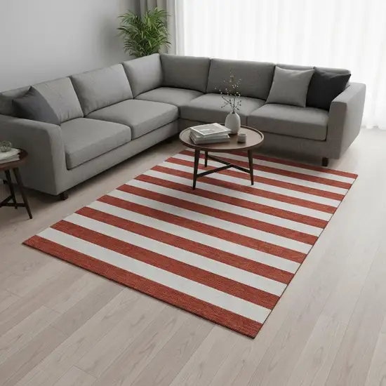 Red And Ivory Striped Washable Area Rug With UV Protection Photo 2