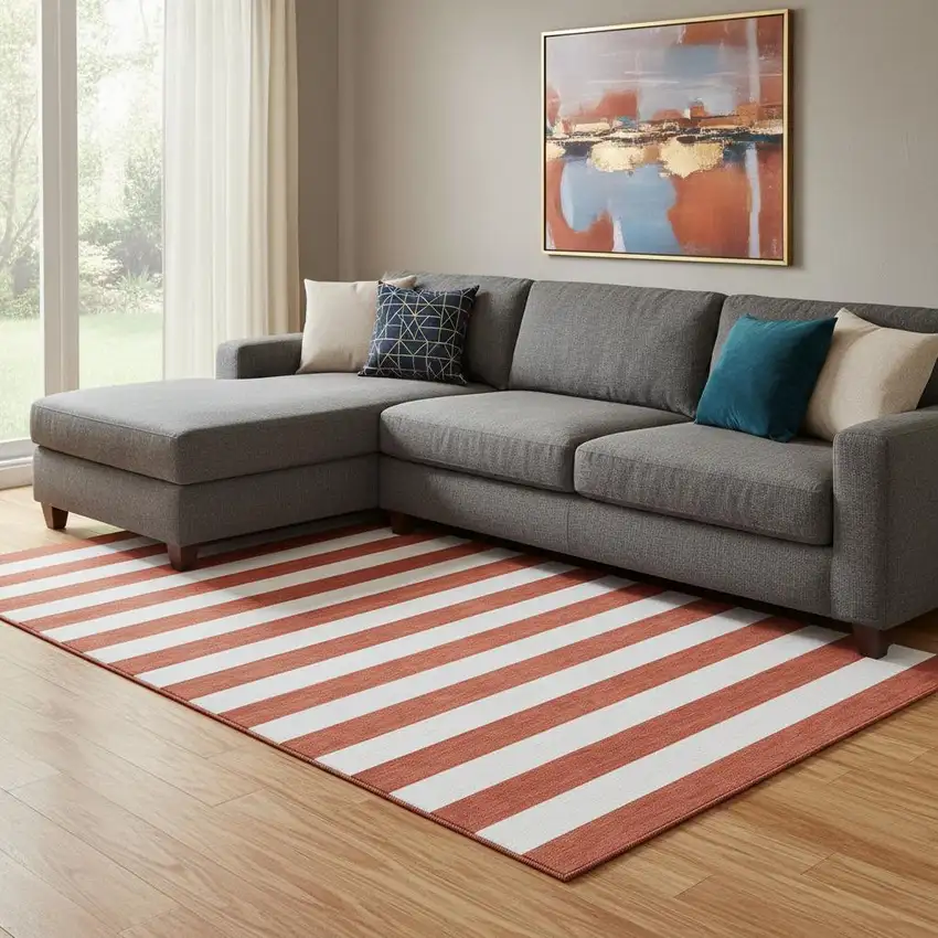 Red And Ivory Striped Washable Area Rug With UV Protection Photo 1