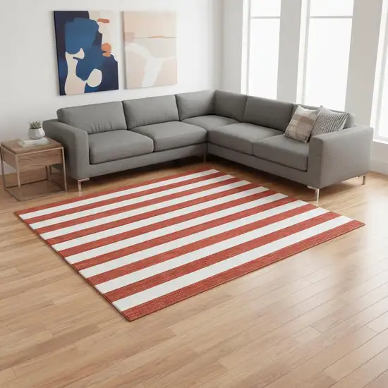 Red And Ivory Striped Washable Area Rug With UV Protection Photo 2