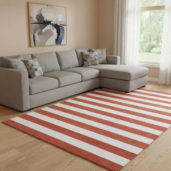 Red And Ivory Striped Washable Area Rug With UV Protection Photo 1