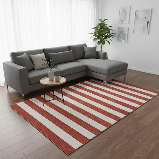 Red And Ivory Striped Washable Area Rug With UV Protection Photo 2