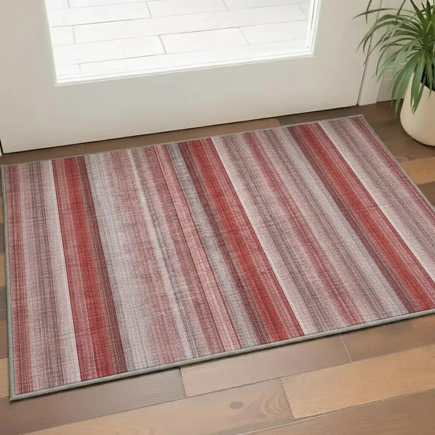 Red And Ivory Striped Washable Area Rug With UV Protection Photo 2