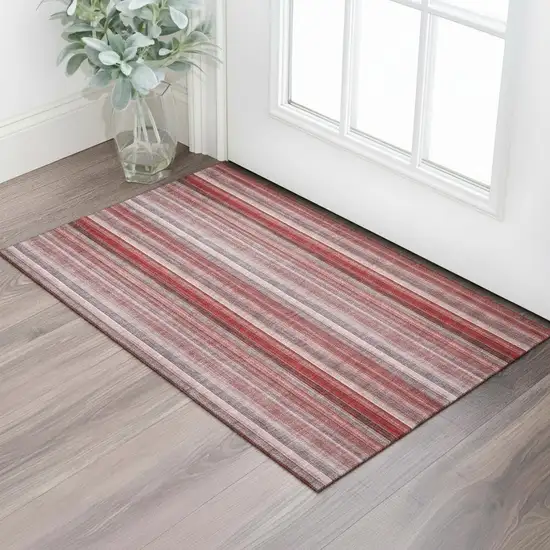 Red And Ivory Striped Washable Area Rug With UV Protection Photo 1