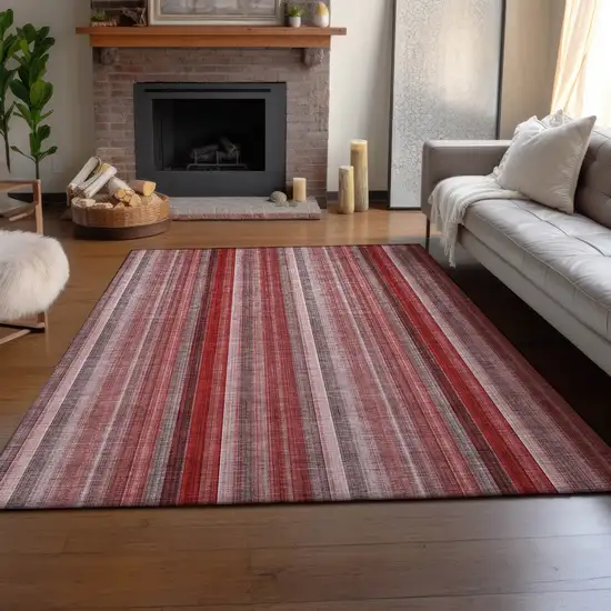 Red And Ivory Striped Washable Area Rug With UV Protection Photo 6