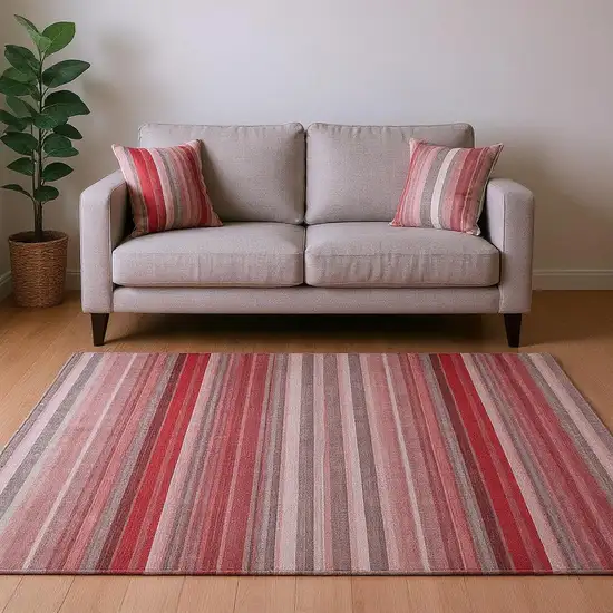 Red And Ivory Striped Washable Area Rug With UV Protection Photo 2