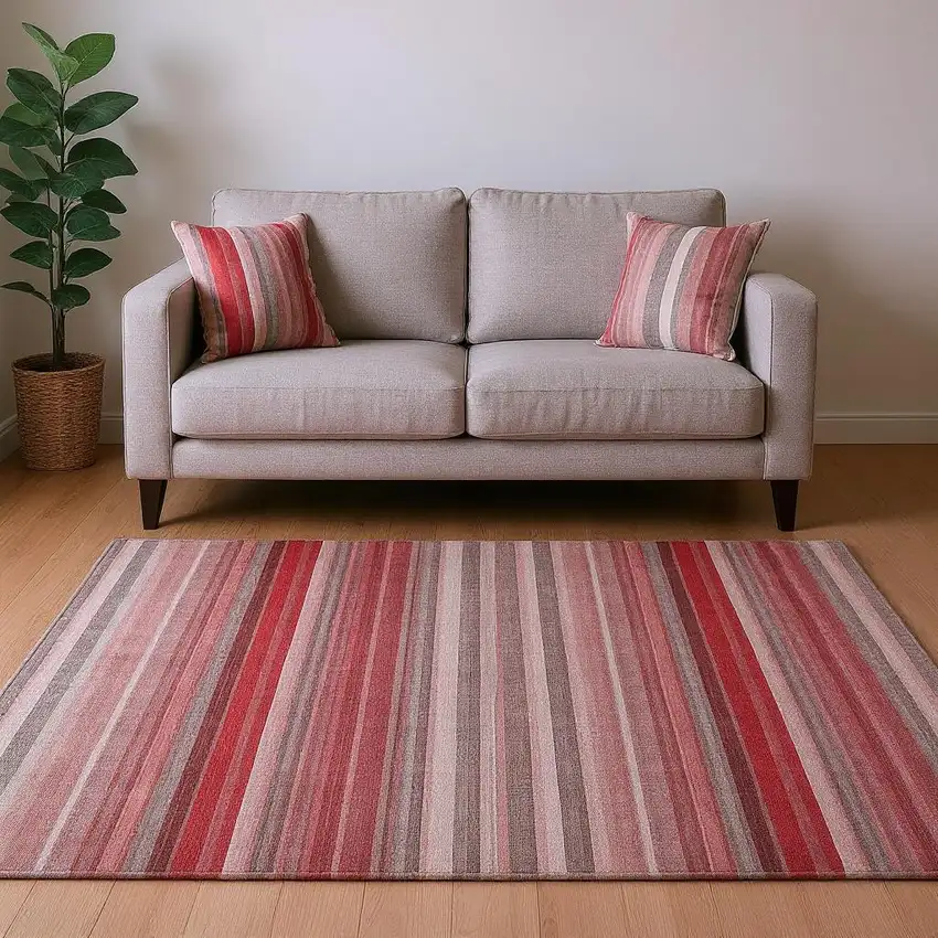 Red And Ivory Striped Washable Area Rug With UV Protection Photo 2