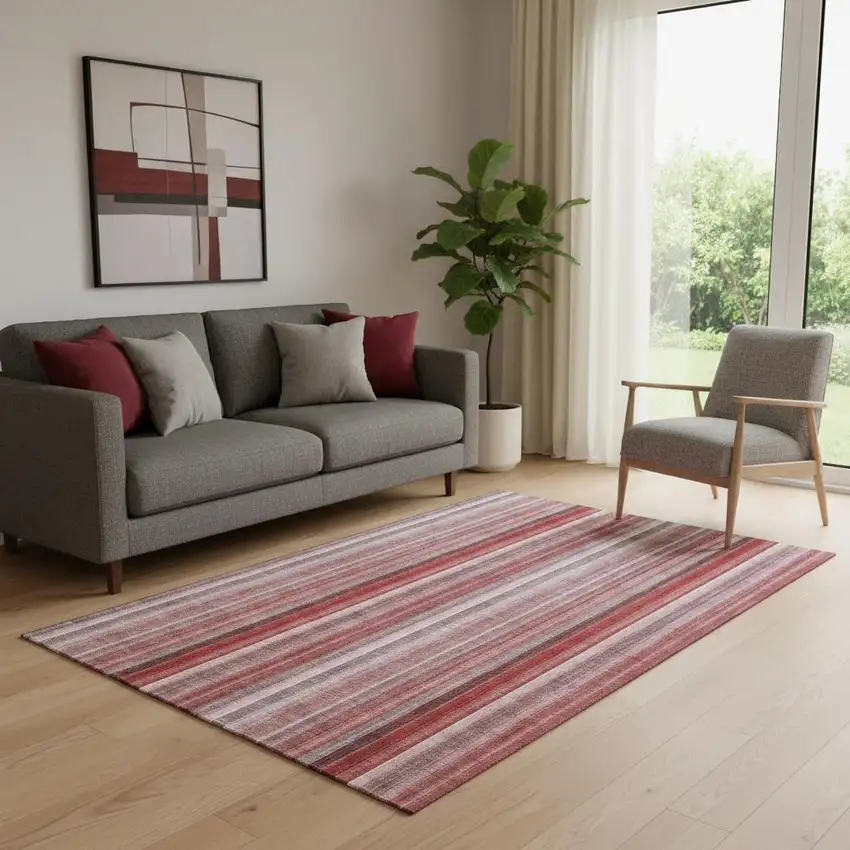 Red And Ivory Striped Washable Area Rug With UV Protection Photo 1
