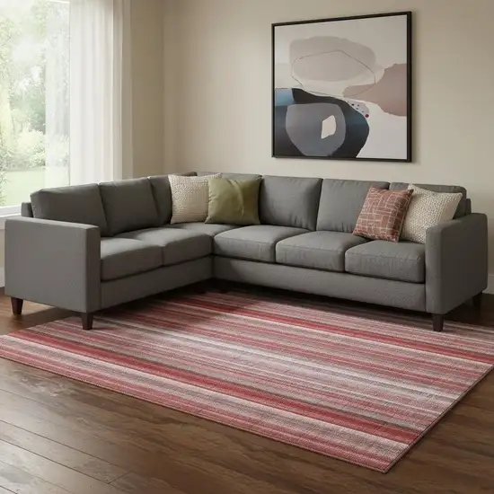 Red And Ivory Striped Washable Area Rug With UV Protection Photo 1