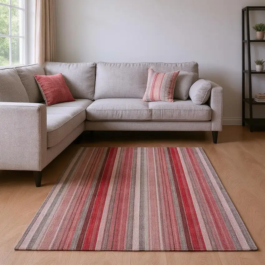 Red And Ivory Striped Washable Area Rug With UV Protection Photo 2