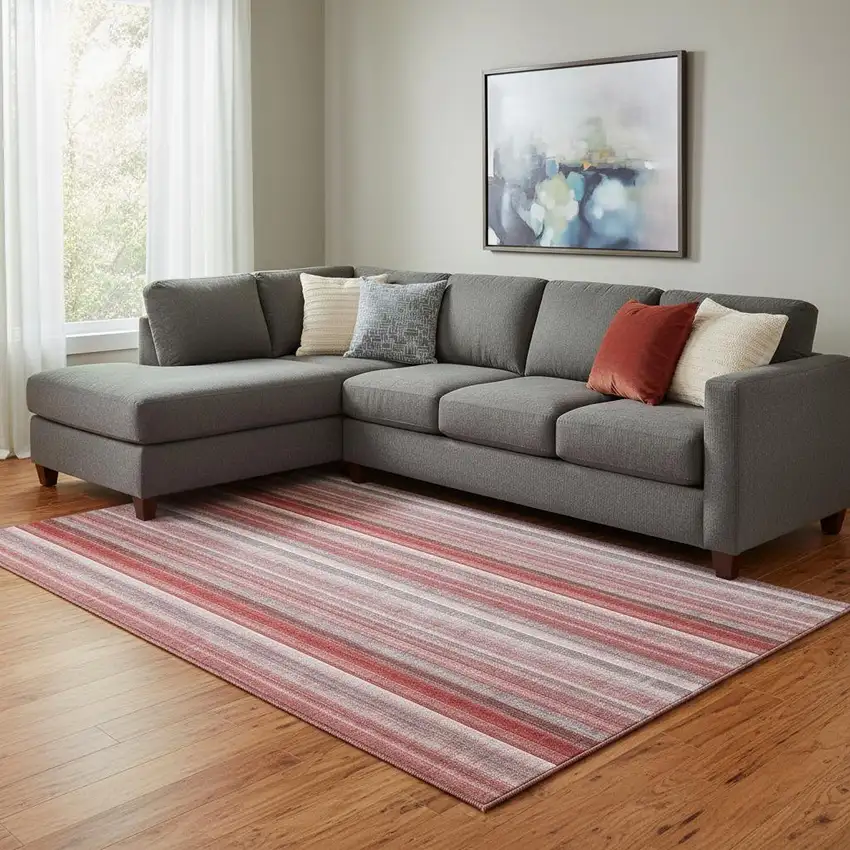 Red And Ivory Striped Washable Area Rug With UV Protection Photo 1