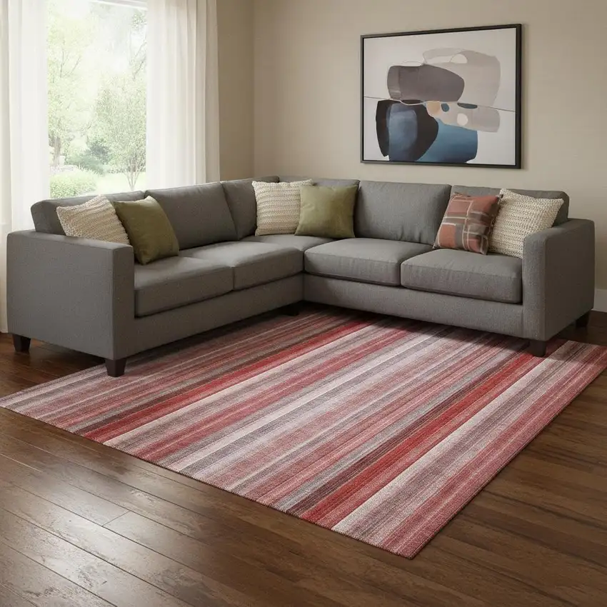 Red And Ivory Striped Washable Area Rug With UV Protection Photo 1