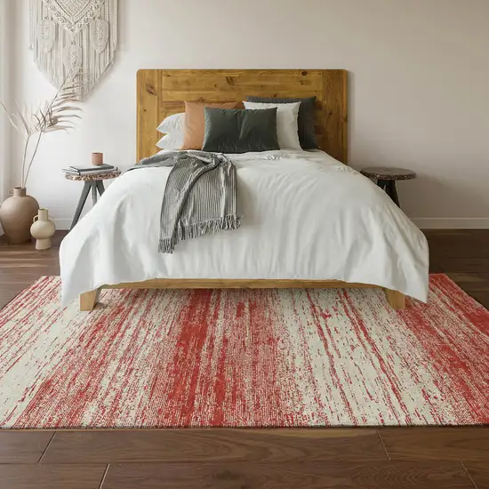 Red And Ivory Striped Washable Area Rug With UV Protection Photo 4