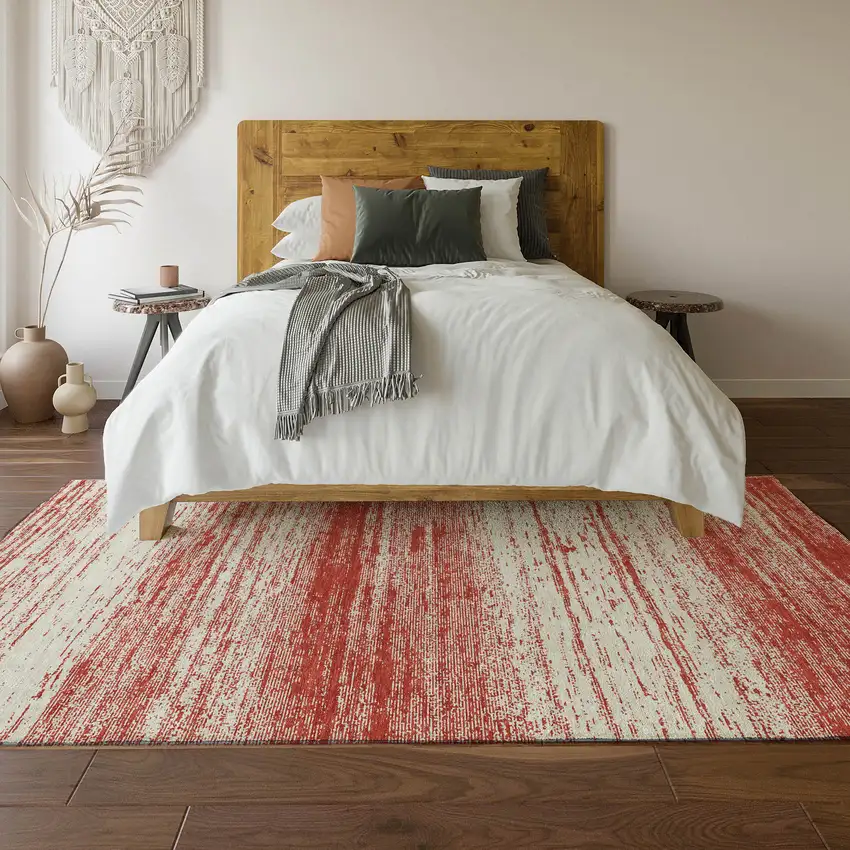 Red And Ivory Striped Washable Area Rug With UV Protection Photo 4