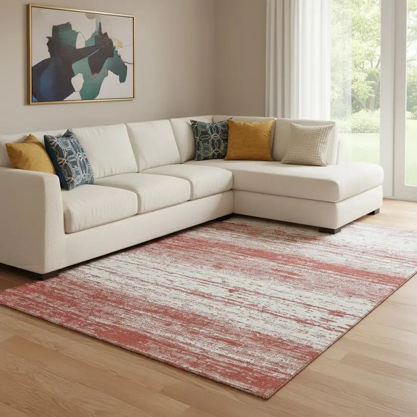 Red And Ivory Striped Washable Area Rug With UV Protection Photo 1