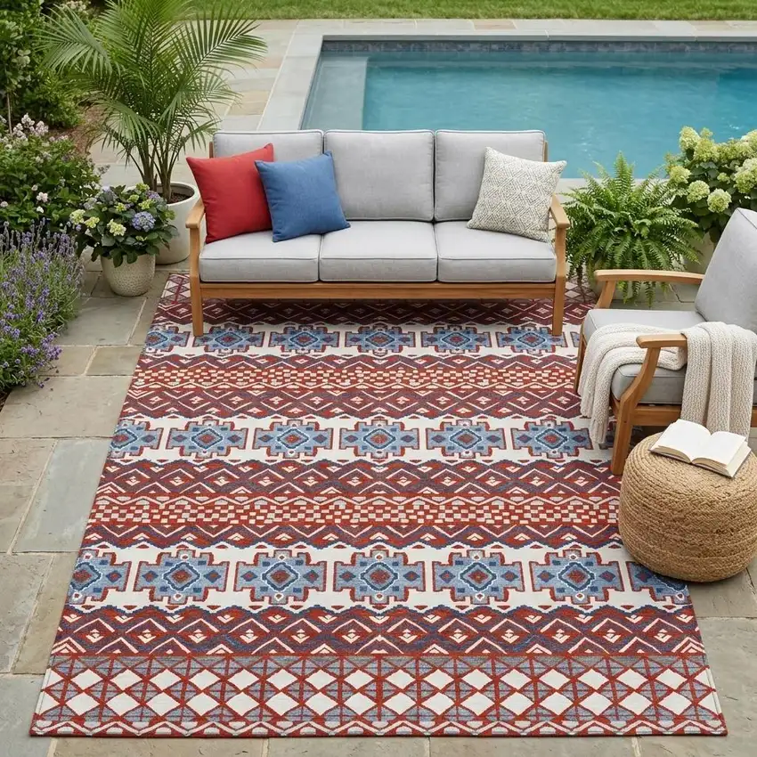 Red And Ivory Striped Washable Indoor Outdoor Area Rug Photo 1