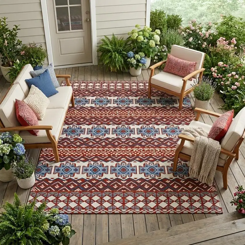 Red And Ivory Striped Washable Indoor Outdoor Area Rug Photo 1