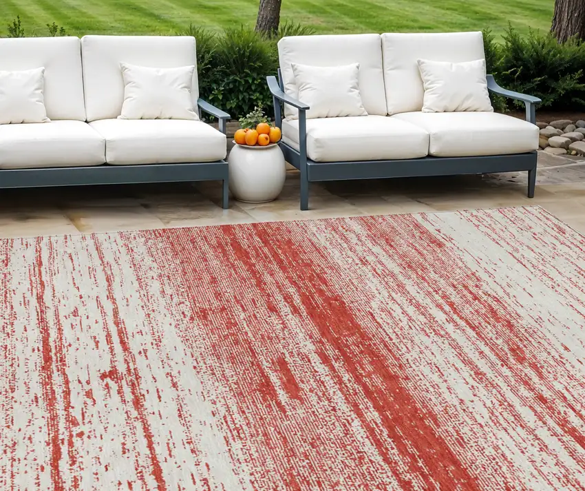 Red And Ivory Striped Washable Indoor Outdoor Area Rug Photo 1