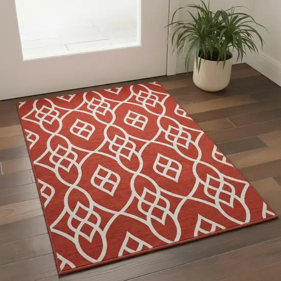 Red And Ivory Trellis Washable Area Rug With UV Protection Photo 2