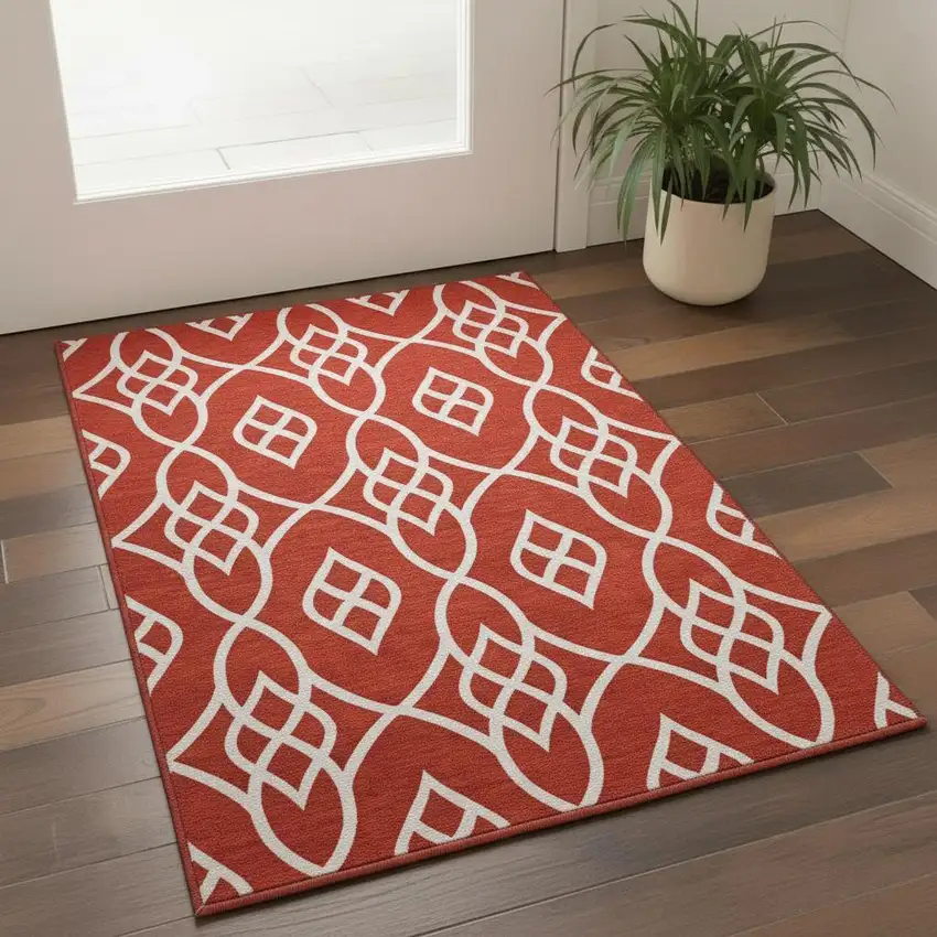 Red And Ivory Trellis Washable Area Rug With UV Protection Photo 2