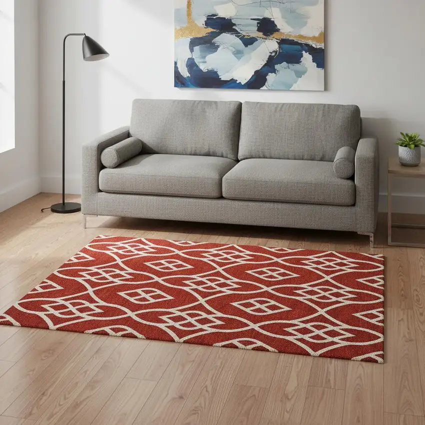 Red And Ivory Trellis Washable Area Rug With UV Protection Photo 2