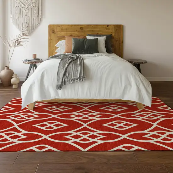 Red And Ivory Trellis Washable Area Rug With UV Protection Photo 6