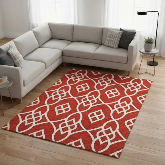 Red And Ivory Trellis Washable Area Rug With UV Protection Photo 2