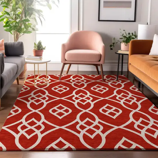 Red And Ivory Trellis Washable Area Rug With UV Protection Photo 5