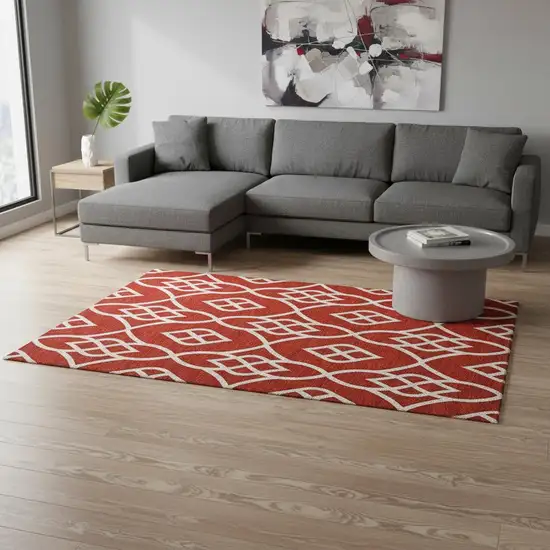 Red And Ivory Trellis Washable Area Rug With UV Protection Photo 2